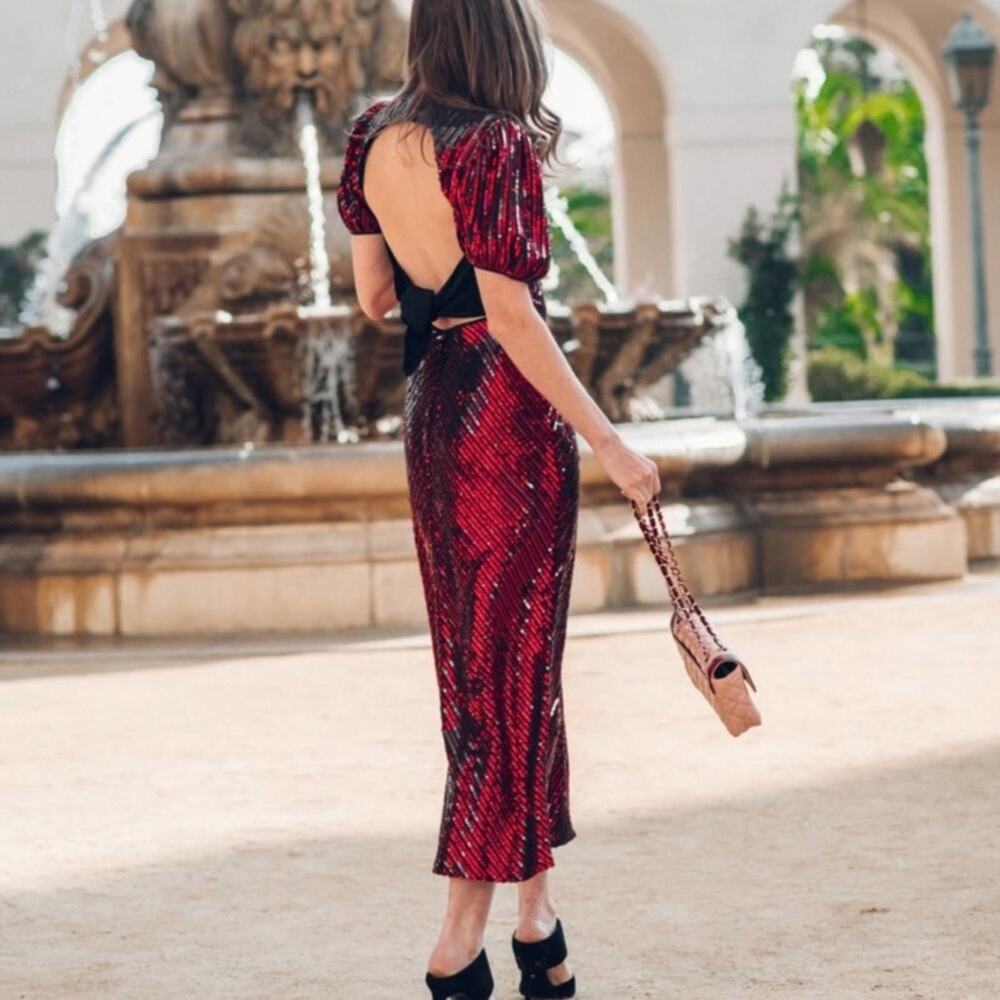 RIXO x Laura Jackson Daisy Velvet Trimmed Sequin Crepe Midi Maxi Dress S